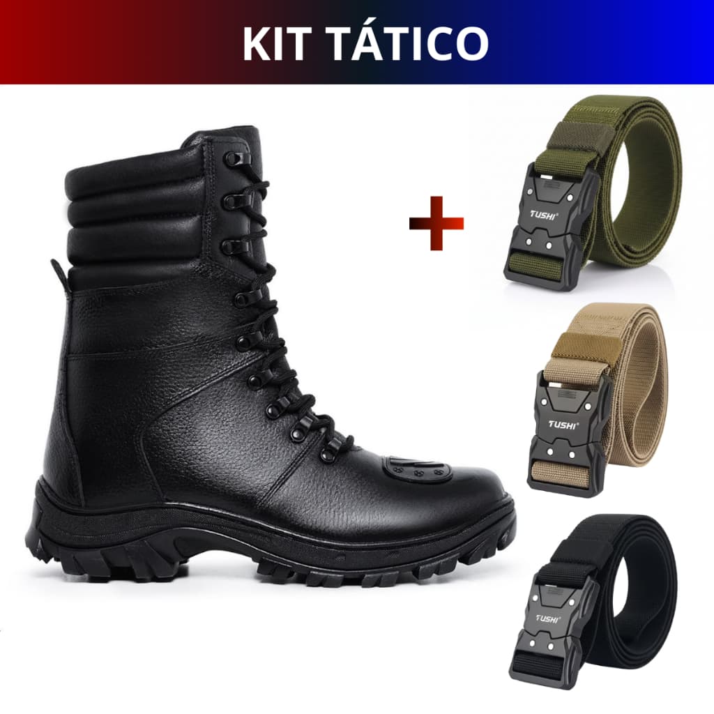 Kit Bota Coturno Couro Legítimo Militar + Cinto Masculino Tático Confortável Versátil Estiloso