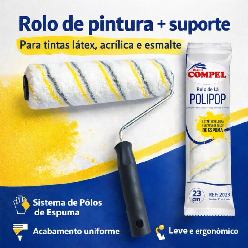 Rolo de Pintura 23cm Lã Microfibra Polipop C/ Suporte