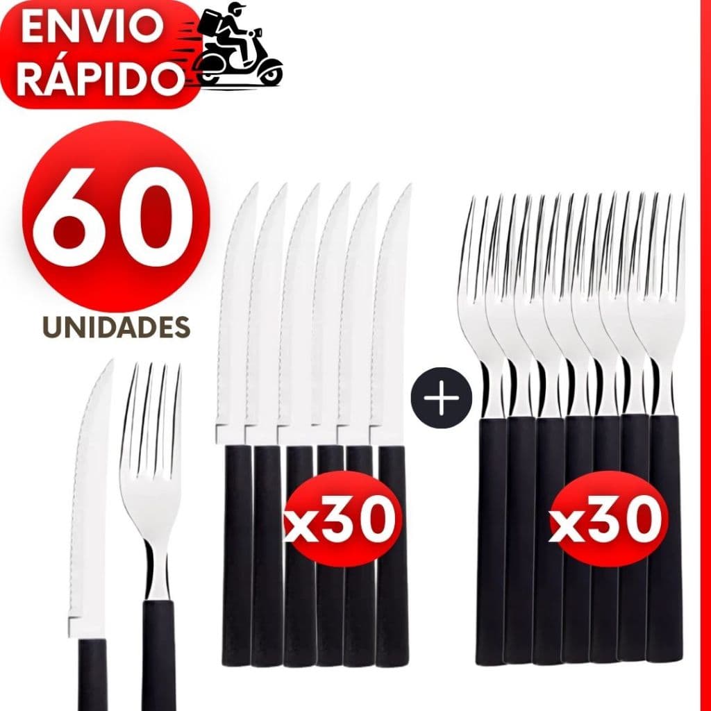 Kit 60, 30 ou 20 Talheres Garfos Facas de Inox Cabo Preto para Churrasco Jantar Bares e Restaurante