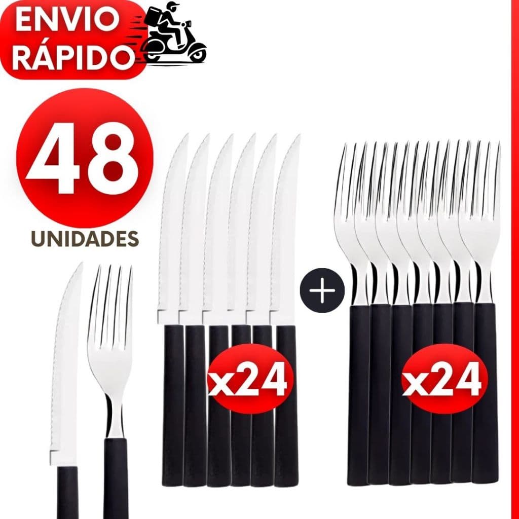 Kit 48, 36 ou 24 Talheres Garfos E Facas de Inox Cabo Preto para Churrasco Jantar Almoço Bares e Restaurante
