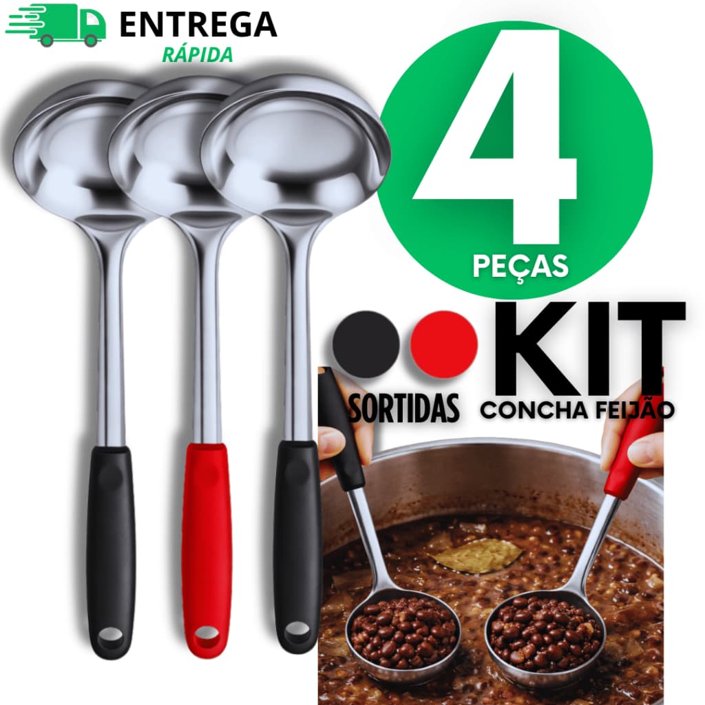 Conjunto Kit 4 Concha De Feijão Inox Linha Black Premium  26CM Utensílios de Cozinha Qualidade Garantida