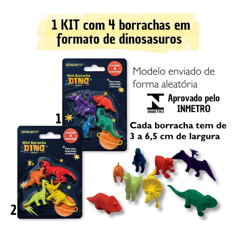 Mini Borracha Formato DINO - 1 BLISTERS CORES SORTIDAS LEO&LEO