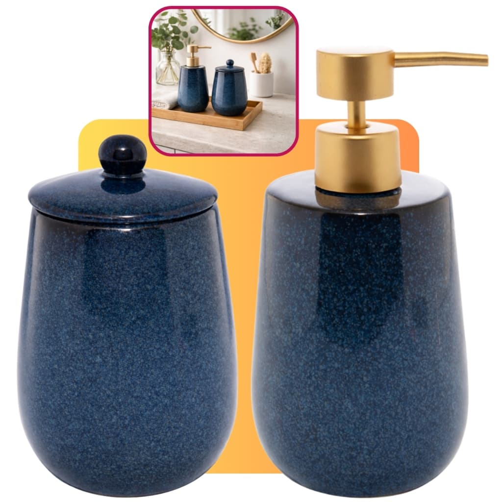 Kit Lavabo De Pia Banheiro 2 Peças Cerâmica Luxo Reactive Lyor Azul Com Detalhe Dourado Moderno