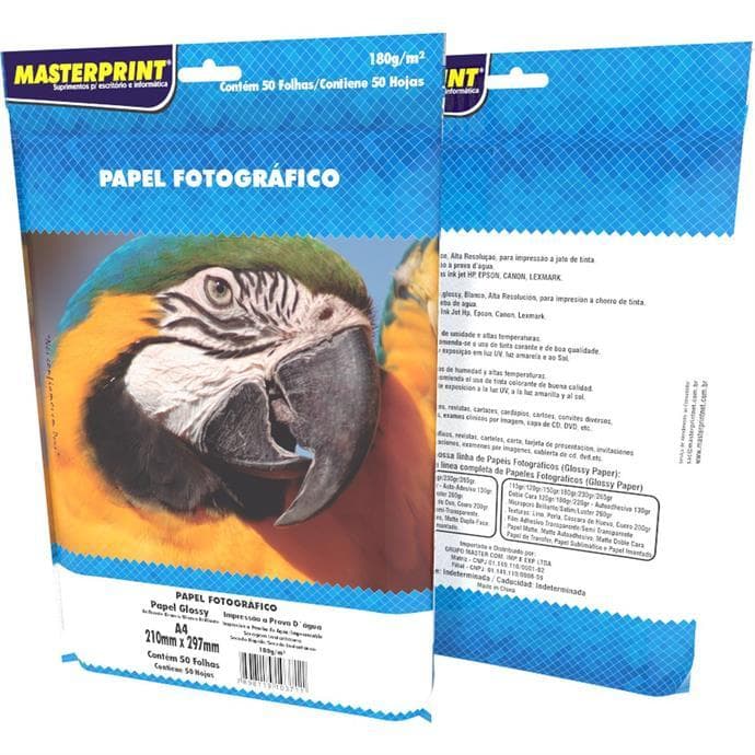Papel Fotográfico 180g A4 50 folhas Brilhante Glossy Resistente a Água - Masterprint