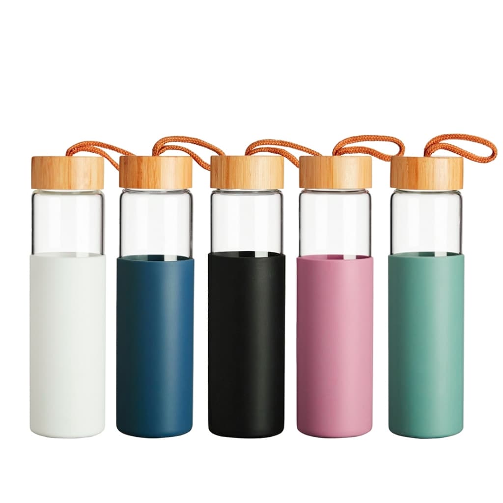 Garrafa de Vidro 750ml Borossilicato Base de Silicone -  Tampa Bambu com Alça Unissex Com Alça Algodão