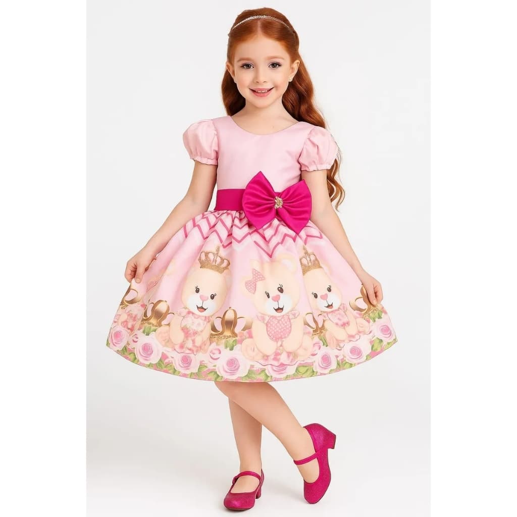 Vestido Ursinha Princesa Ursa Realeza Rosa