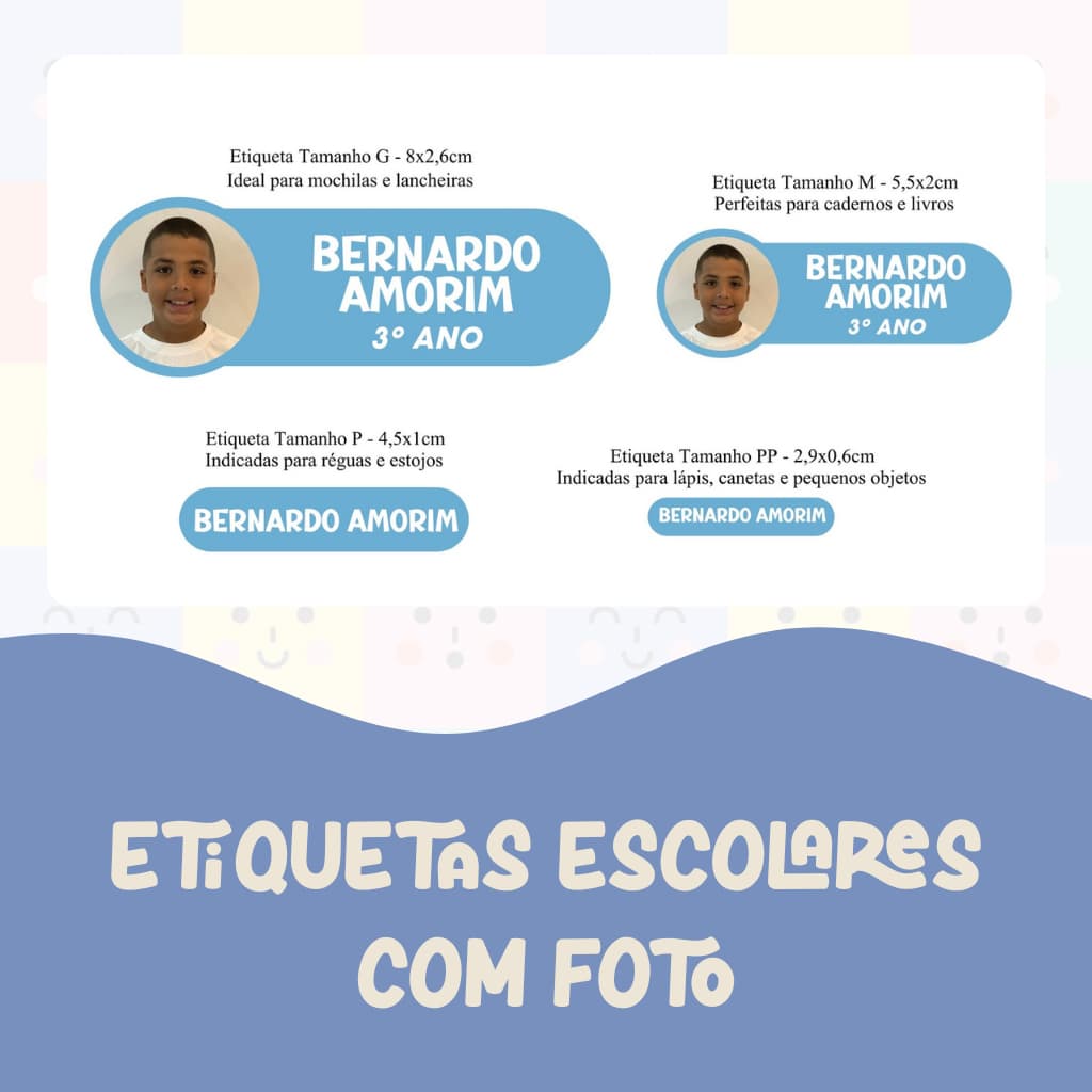 ENVIO RÁPIDO  | Etiqueta Escolar Adesiva Personalizada com Foto |  Kit com 72 Etiquetas Escolares