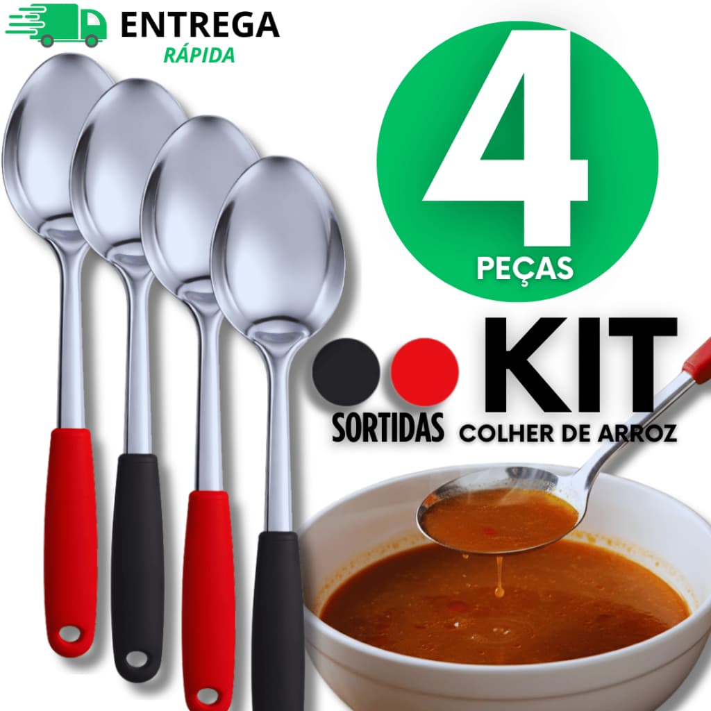 Jogo 04 Unidades Colher De Arroz Linha Black Com Cabo de Plástico Linha Premium Utilidades Variáveis