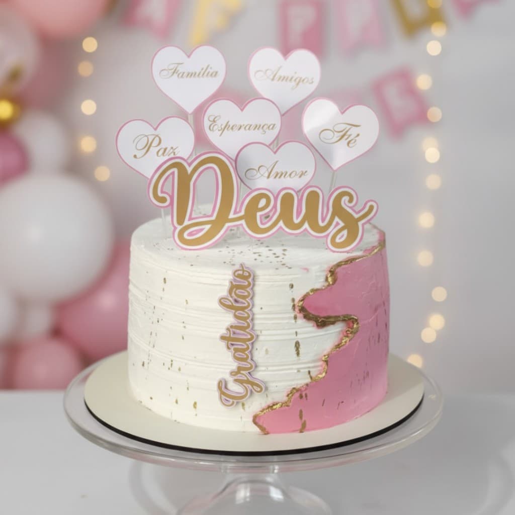 Topo De Bolo Gratidão A Deus Com Corações E Palavras De Motivaçao Fé Amor Familia Amigos Esperança Paz | Decoração Igrej