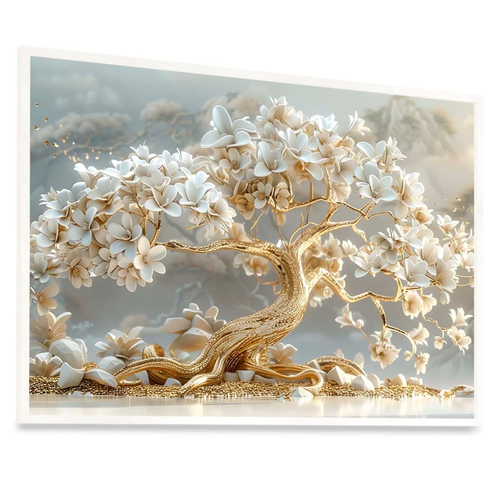 Quadro Decorativo Árvore Da Vida Luxuoso Dourado Com Vidro 103x73 Sala Quarto