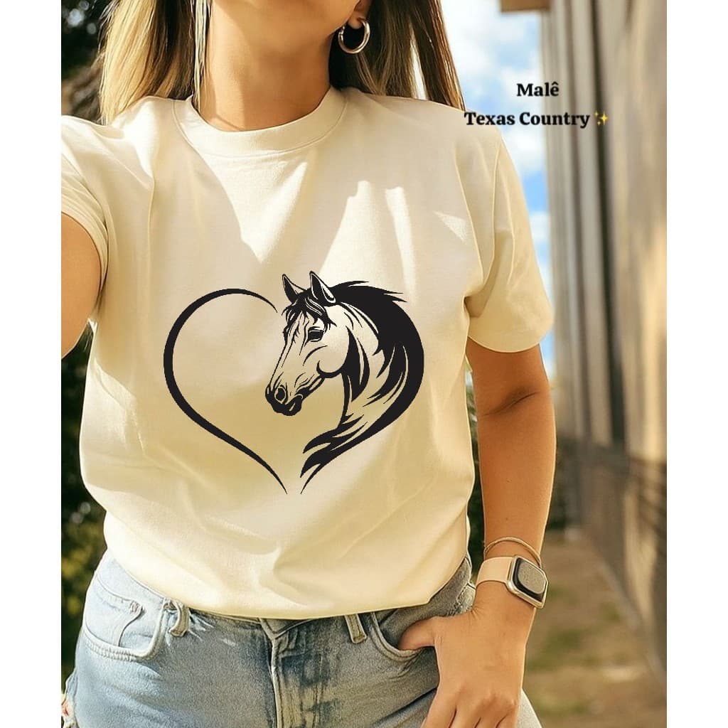 Camiseta Baby Look Moda Feminina Estilo Country Coração Cavalo 100% Algodão