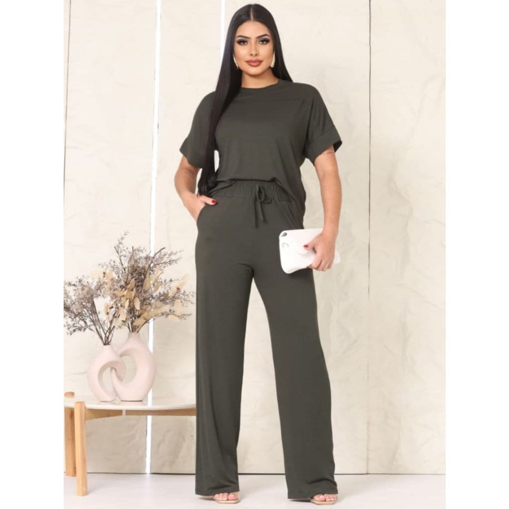 Conjunto blusa camiseta e calça wide leg bolsos laterais e atrás, em malha Viscose, feminino pantalona elegante soltinho
