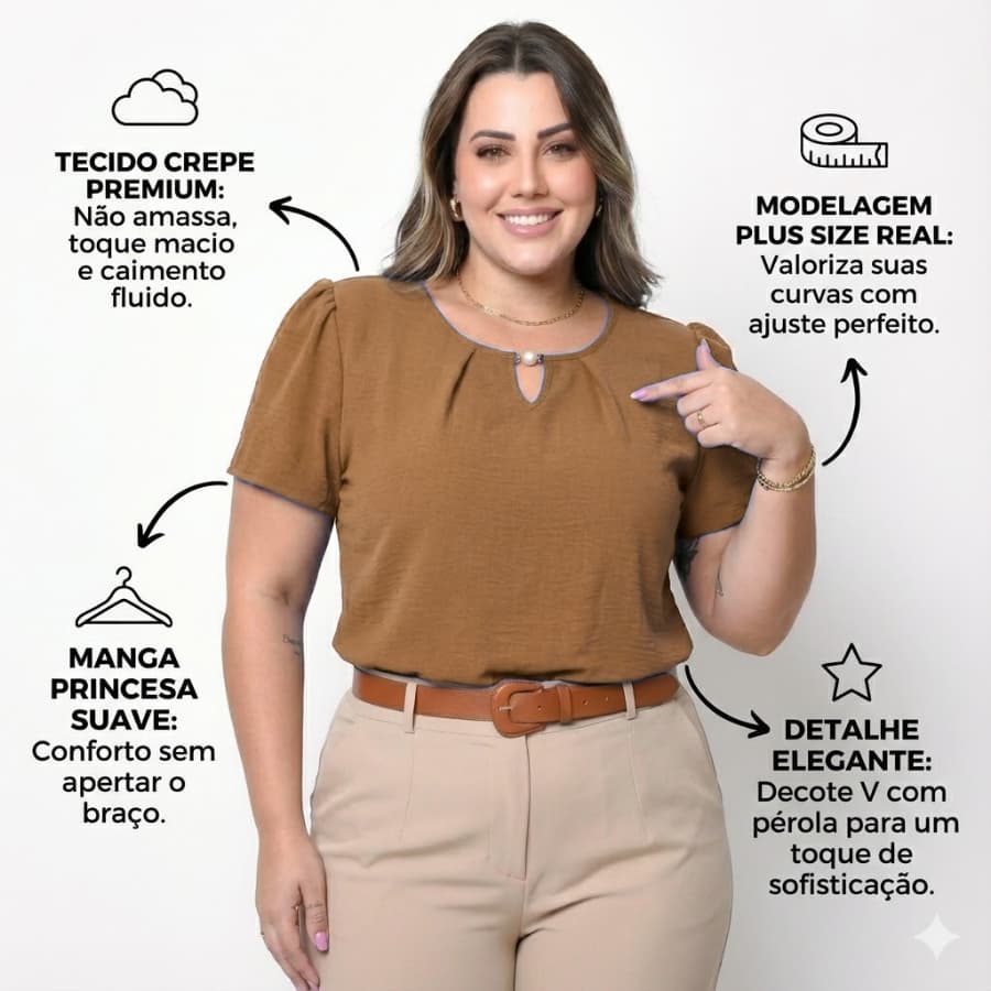 Blusa Feminina Plus Size Duna Premium Manga Princesa Decote V Social Trabalho Moda Evangélica Casual