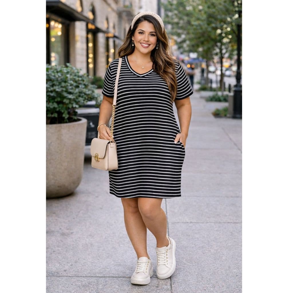 Vestido Feminino Listrado e Preto GG ao G3 Plus Size com Bolsos Laterais Tecido Viscolycra Look Moderno e Confortável