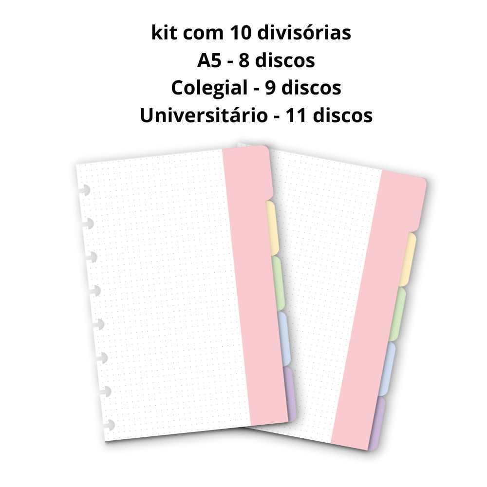Kit 10 divisórias Coloridas para cadernos de discos inteligente - Moreih -perfeitas para 10 matérias