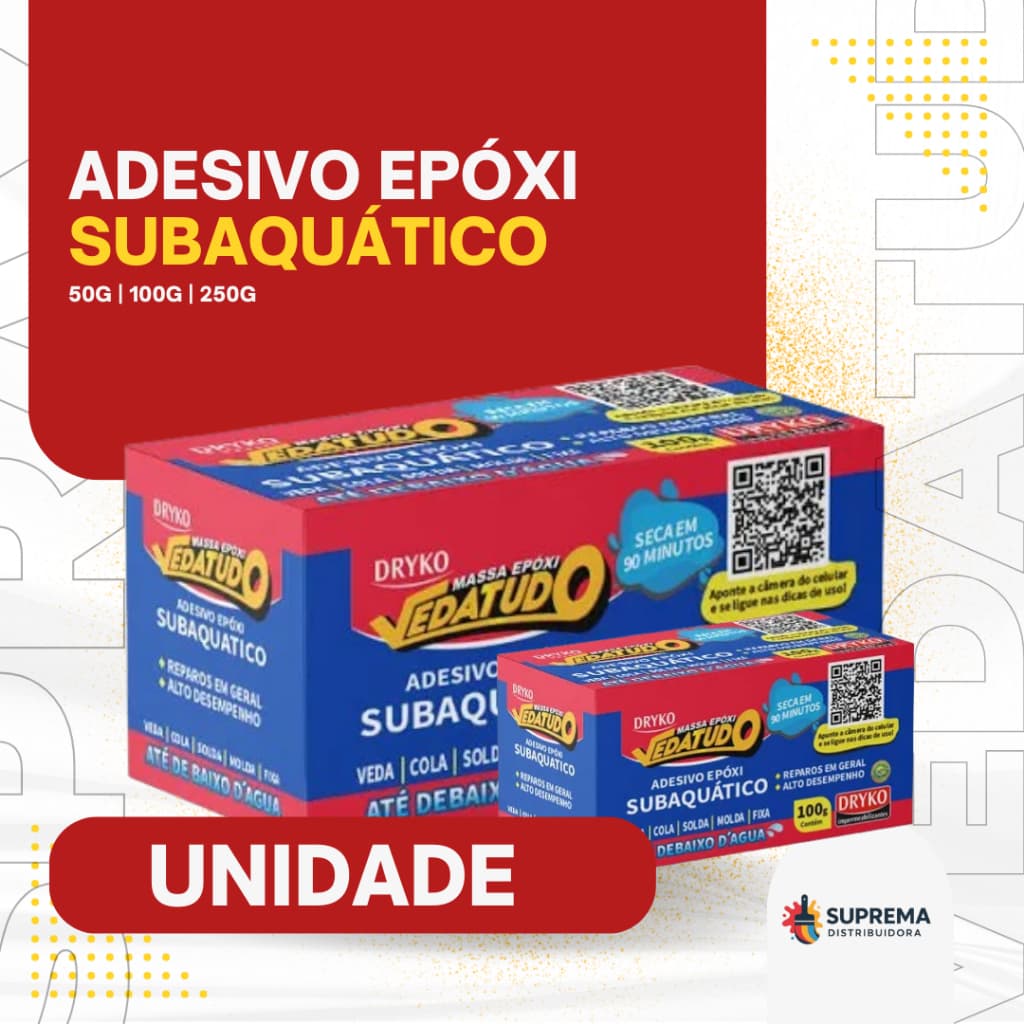 Massa Epóxi Vedatudo Cola Tudo Até Debaixo D'água 50g, 100g, 250g  Durepoxi Subaquática Dryko