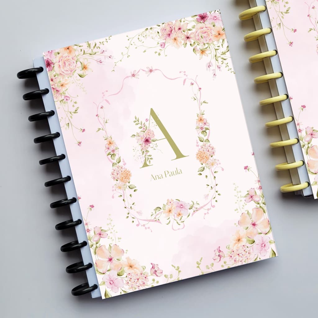 Caderno de Discos Floral Inicial A5 Universitário capa dura sistema inteligente reposição com nome