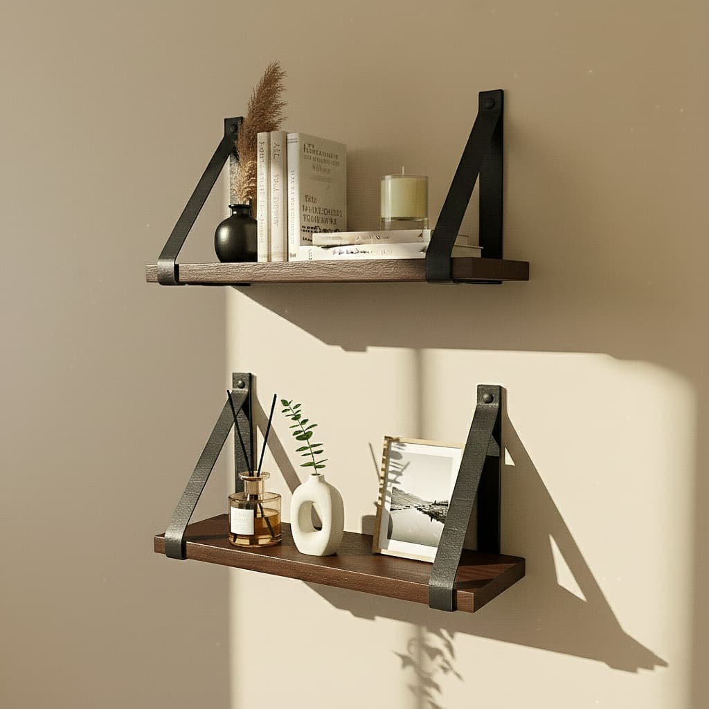Kit 2 Prateleiras de Madeira Envelhecidas com Alças de Couro Decoração Rústica 40cm | Casa Madêco