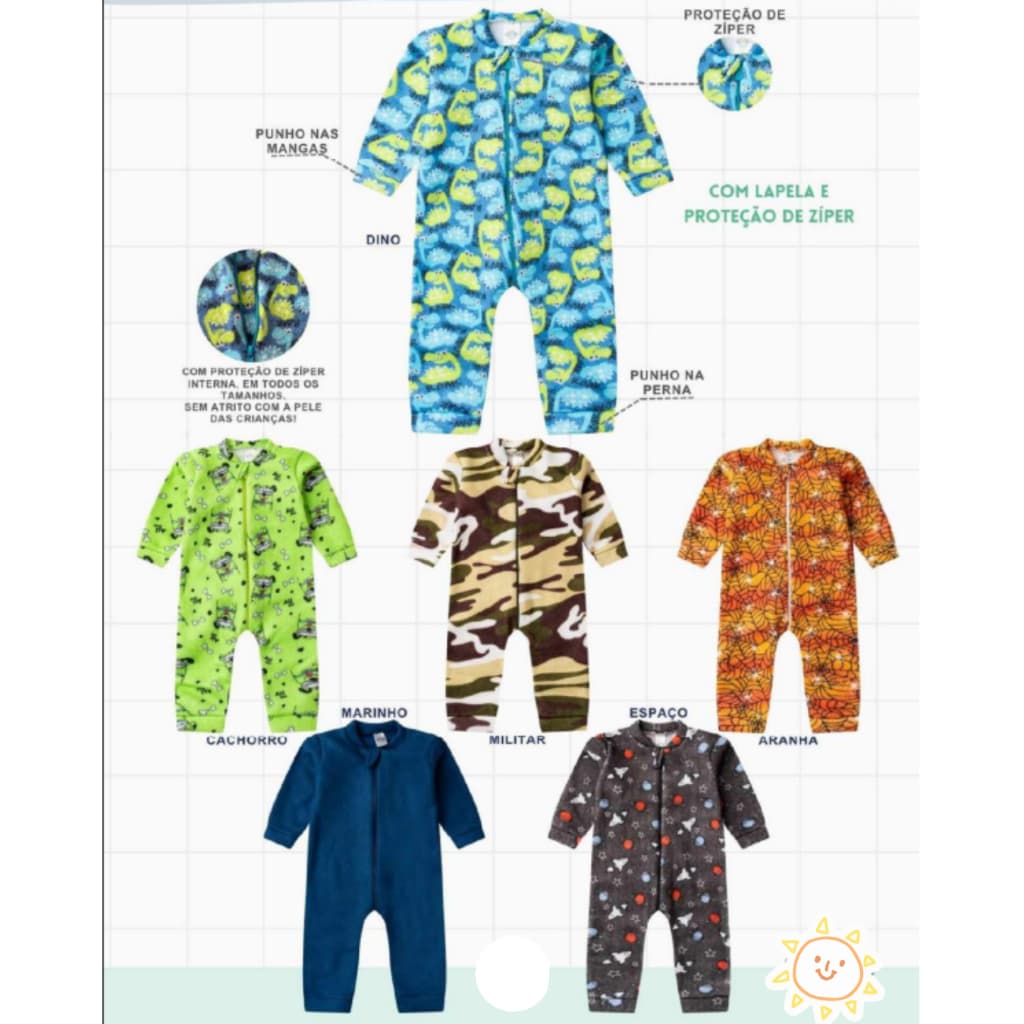 Kit Macacões Com Ziper Sortidos Menino Soft- Inverno (KIT de 2 a 5 macacões) Roupa Para Bebê