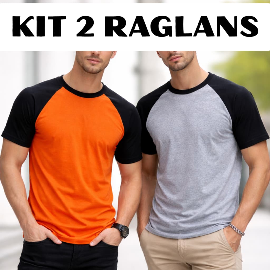 Kit 2 Camisetas Masculinas Raglan Algodão Manga Curta Básica Cores Variadas