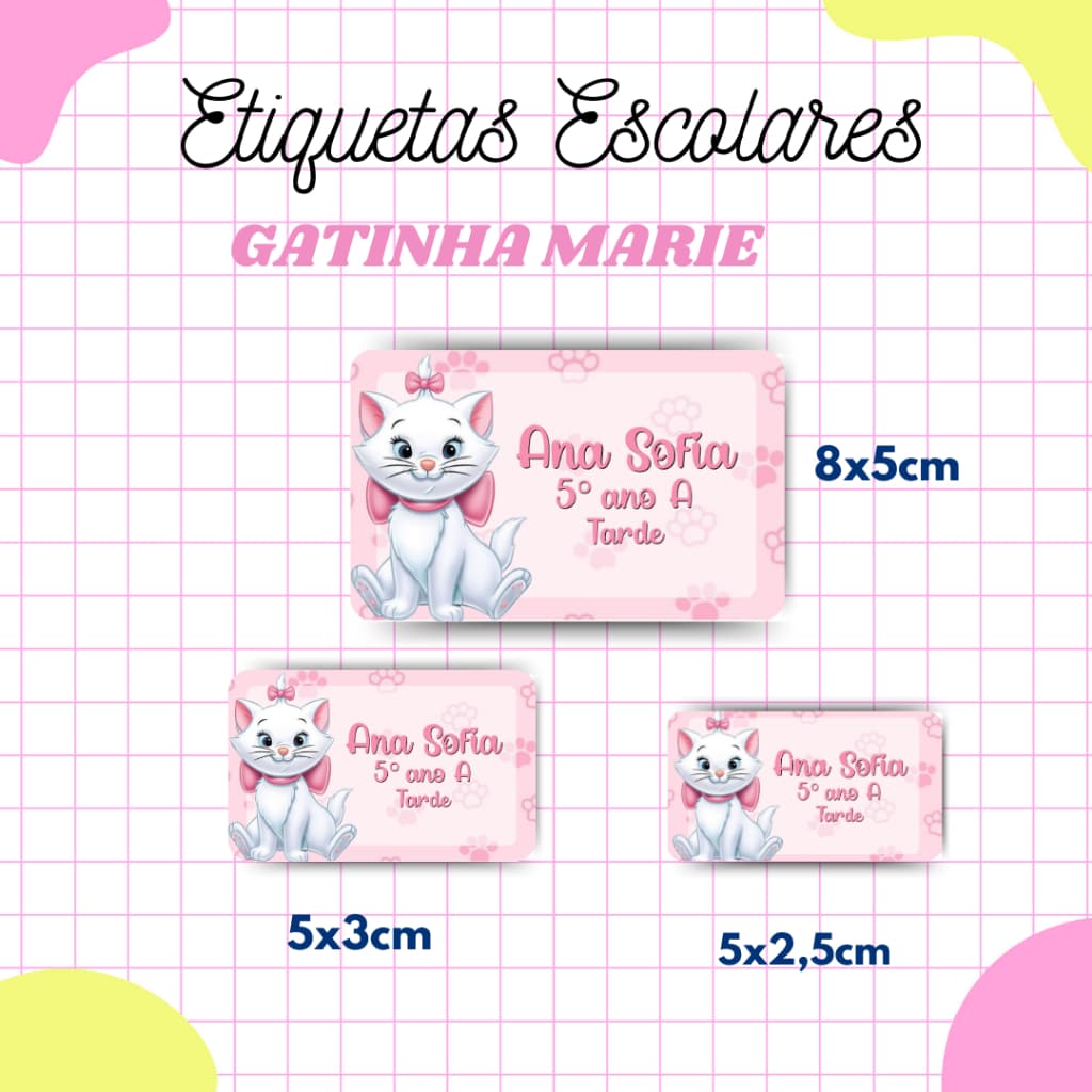 Kit Etiqueta Escolar Gatinha Marie l Adesivos Escolar l Etiquetas Personalizadas l Material Escolar l Volta as Aulas