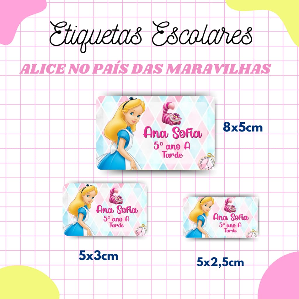 Kit Etiqueta Escolar Alice no País das Maravilhas l Adesivos Escolar l Etiquetas Personalizadas  l Volta as Aulas