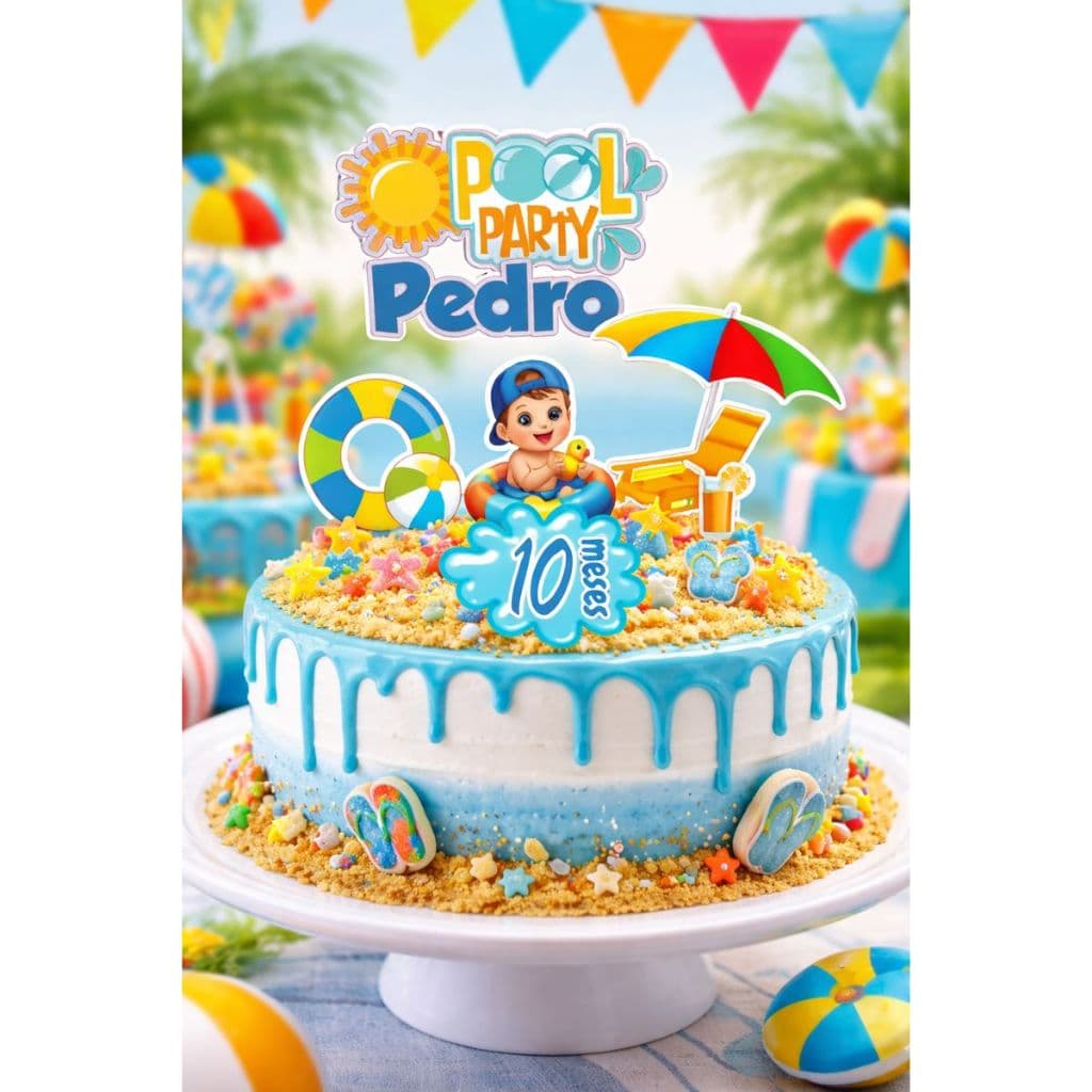 Topo de Bolo Pool Party Personalizado Menino Ideal para Festa Infantil Tema Verão. Envio Rápido!