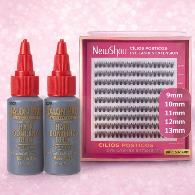 Kit Cílios Postiços NewShow + Cola Salon Pro Super Bond | Alongamento 9mm a 13mm