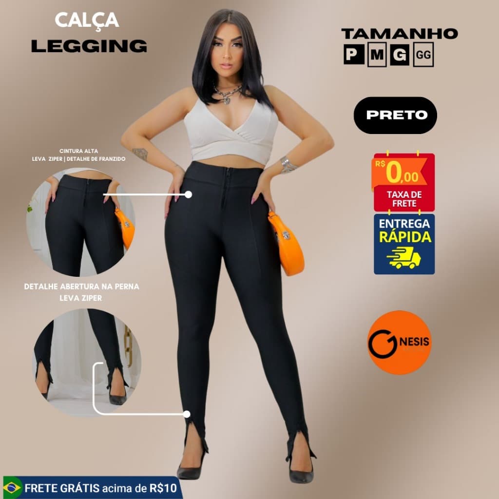 Calça Legging Feminina 3 Zíperes Power – Preta (P ao GG)