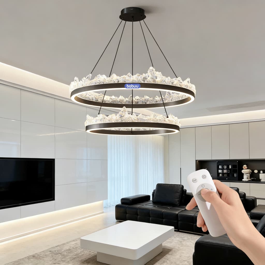 Pendente Lustre Luxo Cristal Moderno 2 Anéis Luminária de Led Teto 3000K 4500K 6000K Bivolt Com controle remoto