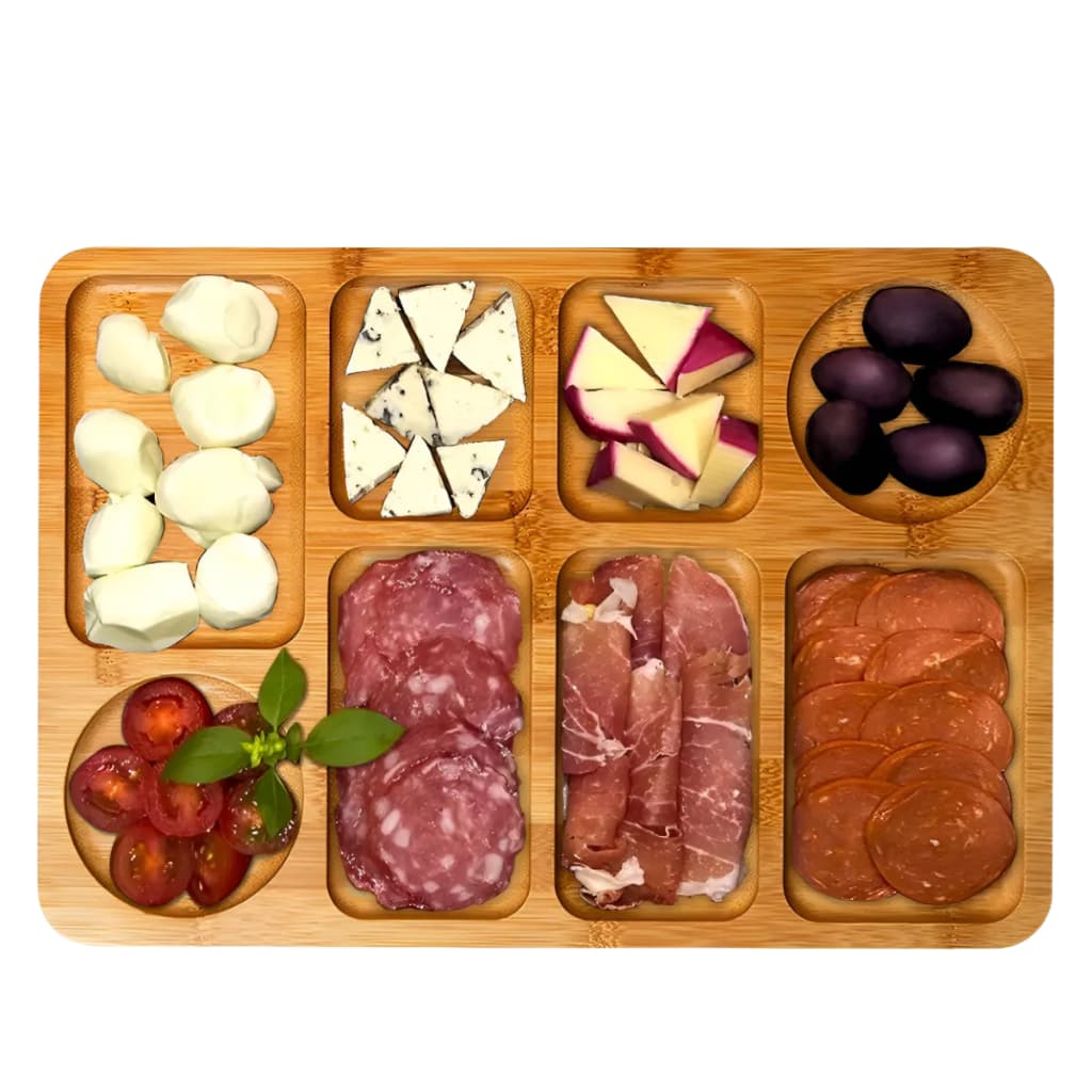 Petisqueira Bambu Tábua Aperitivos Frios Queijo Churrasco Cor Marrom 8 Divisão na Tabua