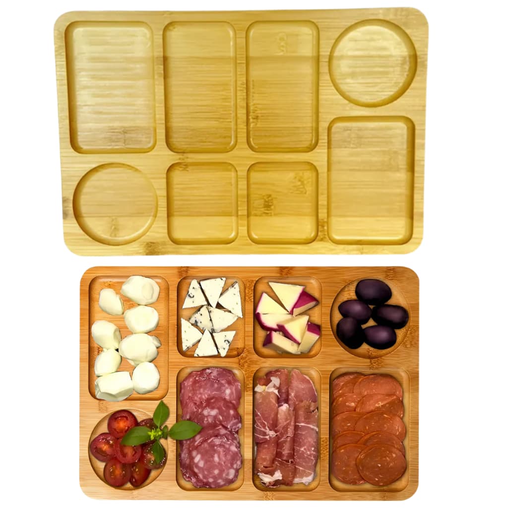 Bandeja Petisqueira Bambu Tábua Aperitivos Frios, Churrasco 8 cavidades