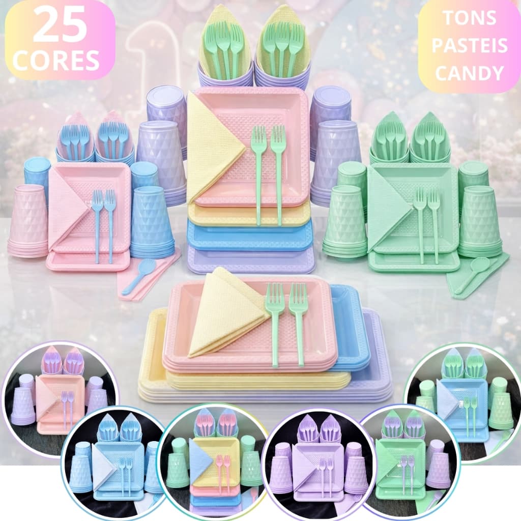 Kit Festa 180 Itens Diamante Luxo Cor Candy Pastel Aniversário Prato Sobremesa Copo Guardanapo Garfinhos Descartáveis