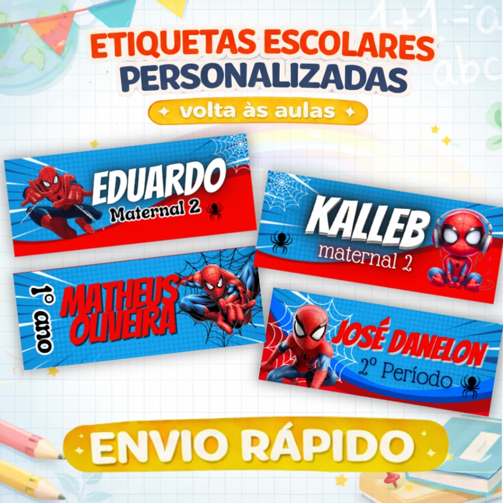 ENVIO RÁPIDO- 100 Etiquetas escolar personalizada SUPER HERÓI | Adesivo caderno | HOMEM ARANHA volta as aulas