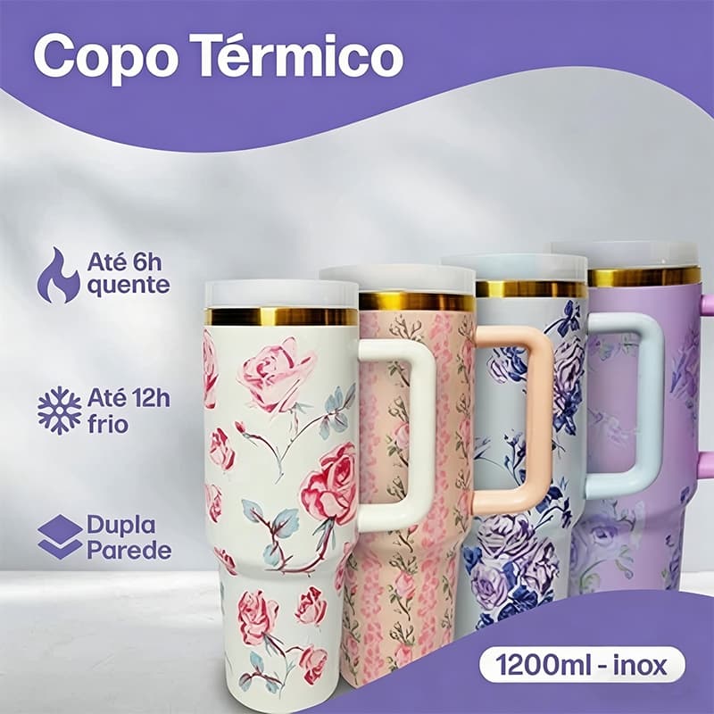 Copo Térmico 1.2L Inox com Canudo Plástico 1200mL Garrafa com Protetor de Canudo Florido Personalizado Floral
