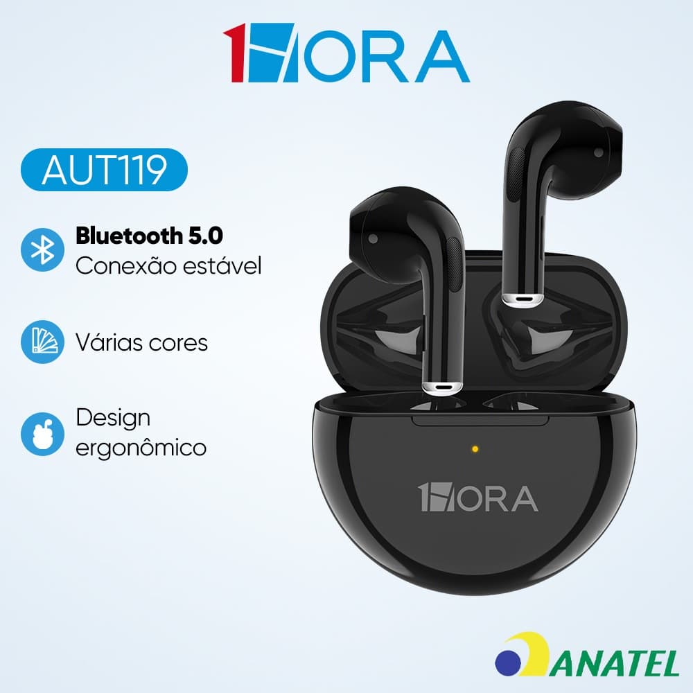 1HORA AUT119 Fone de ouvido Bluetooth 5.3 Sem Fio Intra-auricular com Microfone
