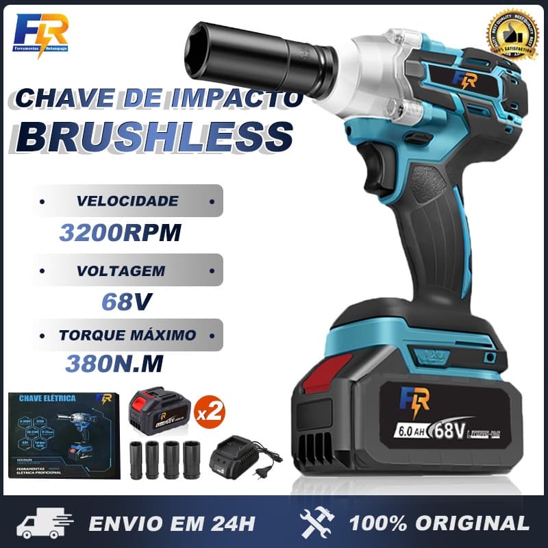 Chave de Impacto Elétrica Sem Fio 68V com Motor Brushless e 2 Baterias 4 Peças de Soquetes