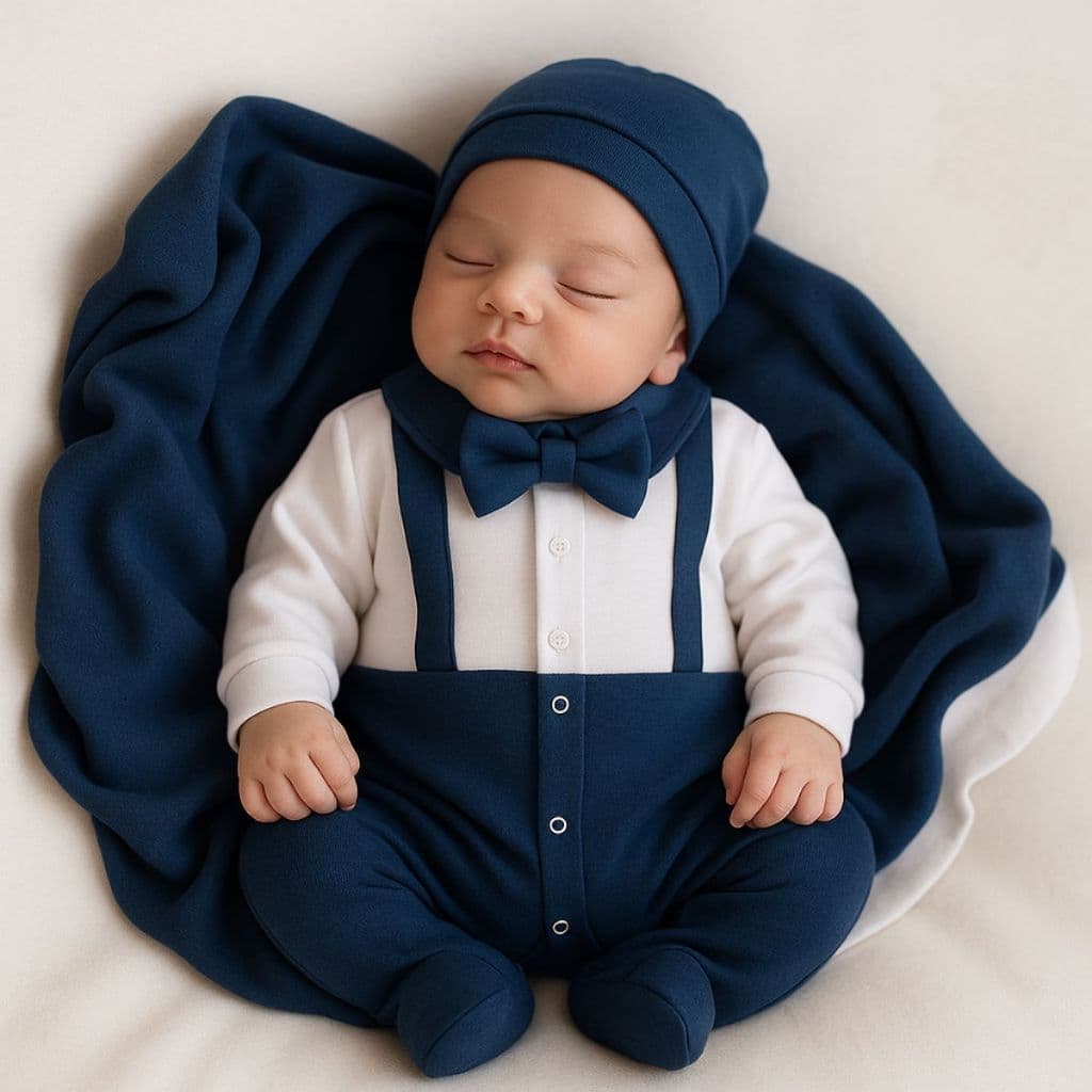 Saída Maternidade Para Bebê Menino Heitor Azul Marinho -4 Peças