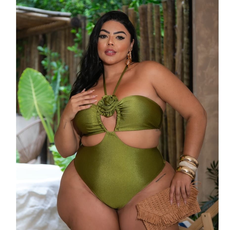 Maiô Tabatha – Recorte Frontal com Bojo, Flor Removível e Bumbum Fio Duplo- Cactus
