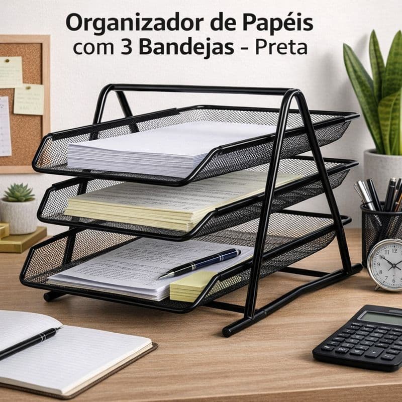 Suporte Organizador De Documento Papel A4 3 Bandejas Preto Aramado Metal Funcional Leve