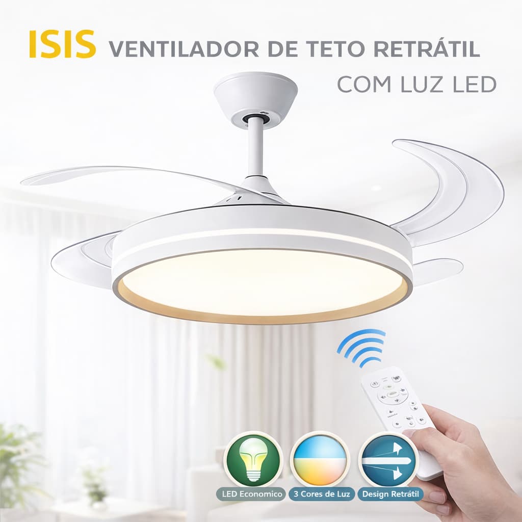 Ventilador de Teto Retrátil ISIS Branco LED Multicolor 60W Controle Remoto 6 Velocidades Bivolt SL