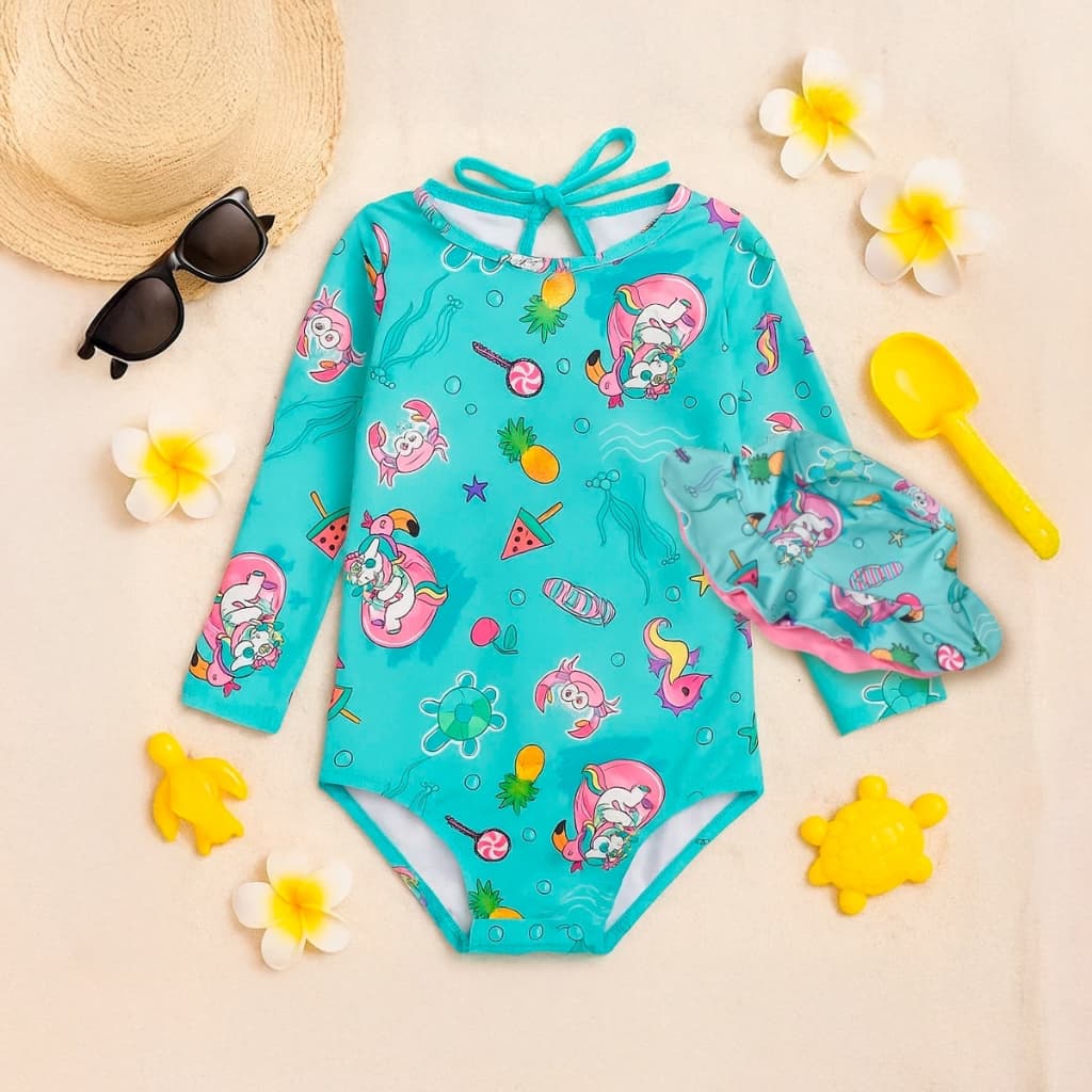 Kit Biquini Maio Chapeu Bebe Infantil Proteção Uv 50+