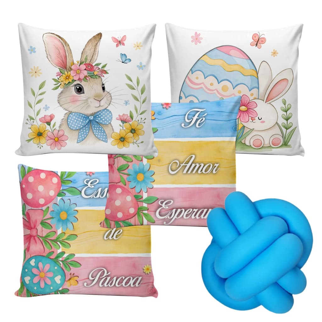 Kit 04 Capas de Almofadas Páscoa + Almofada Nó Decorativa | Estampas Variadas