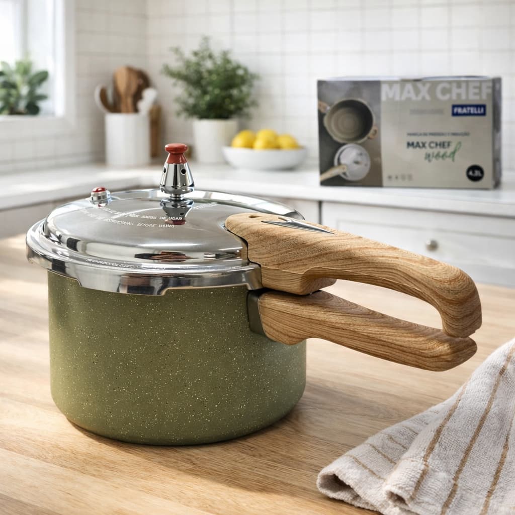 Panela de Pressão Max Chef Wood 4,2L  Antiaderente Fogão a Gás Elétrico Vitrocerâmico Indução