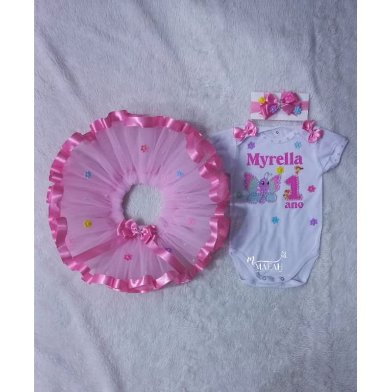 Fantasia Jardim Encantado Adulto e Infantil 6,8,10 e 12 anos Conjunto Completo Camiseta Saia de Tutu