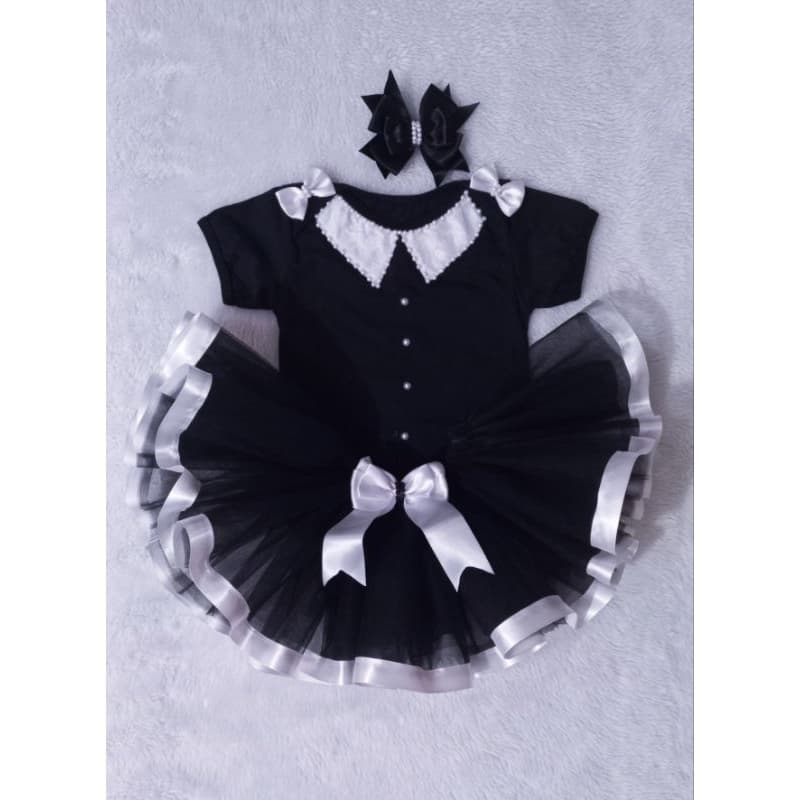 Fantasia Wandinha Adulto e Infantil 6,8,10 e 12 anos Conjunto Completo Camiseta Saia de Tutu e Laço de Cabelo
