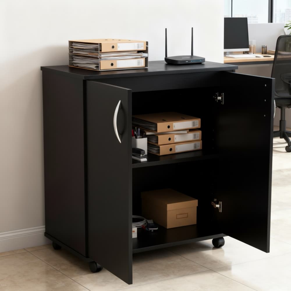 Armário Baixo 60cm 2 Portas Rodízios Preto MDP Escritório Home Office Compacto Aparador Arquivo