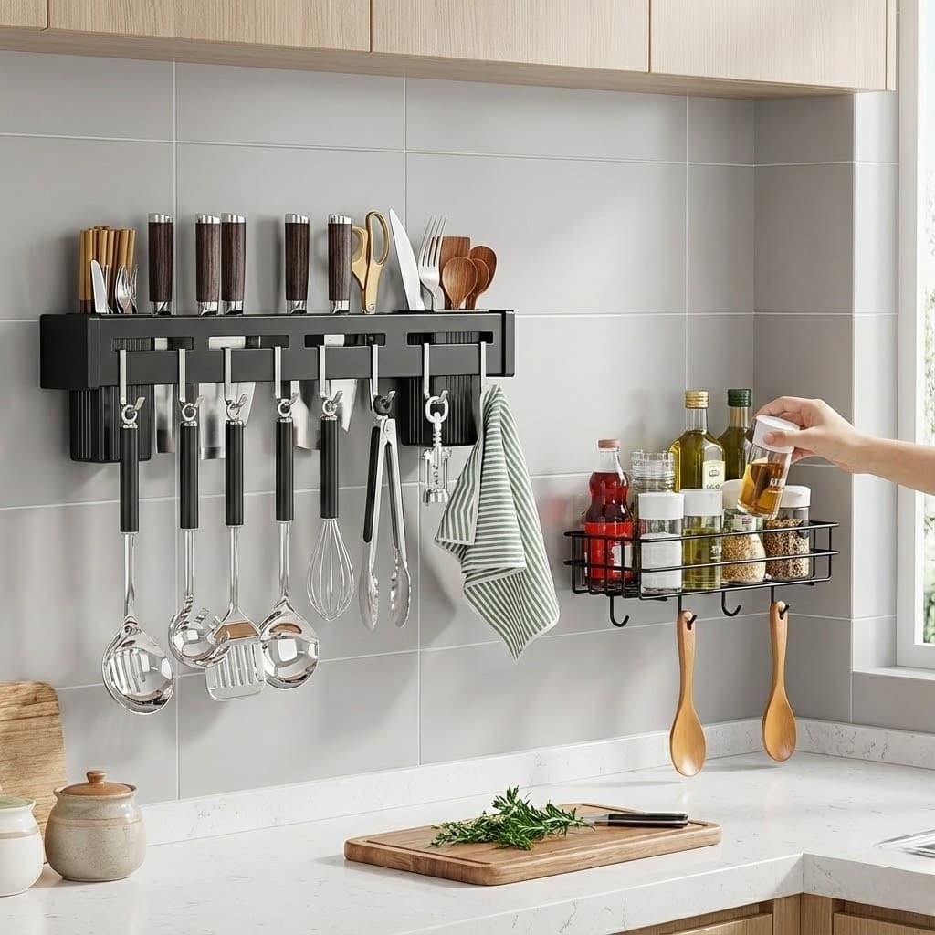 Kit Organizador Cozinha Suporte Utensílios Barra + Prateleira Aramada Porta Temperos Adesiva Preto