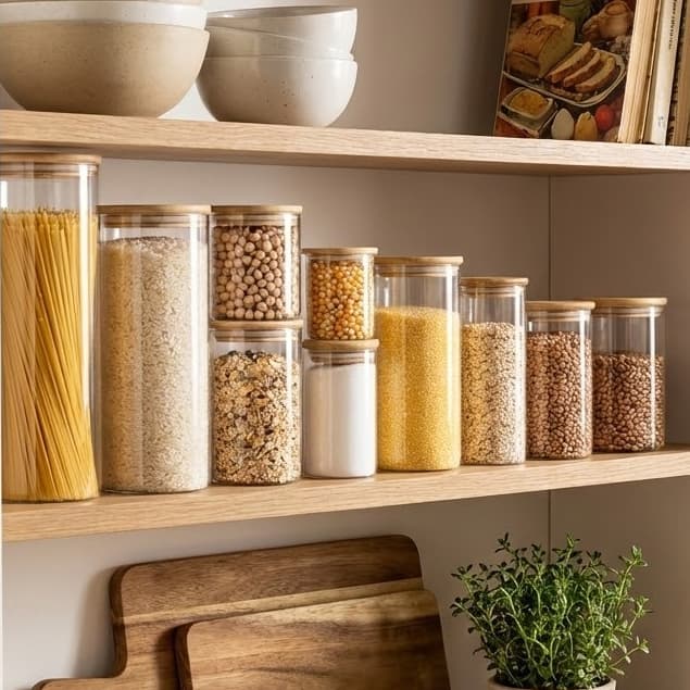 Kit 9 Potes De Vidro Hermético Tampa De Bambu Para Mantimentos Temperos Organizador Cozinha MM House