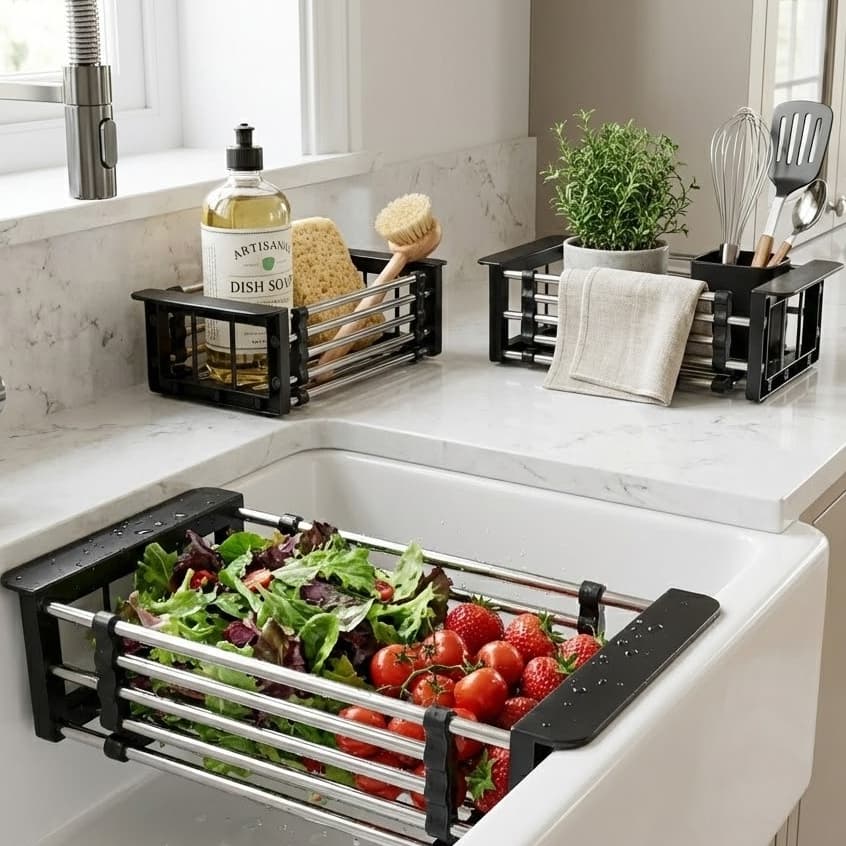 Kit 3 Organizador Multiuso Ajustável Inox Cozinha Armário e Pia Cesto Extensível Retrátil
